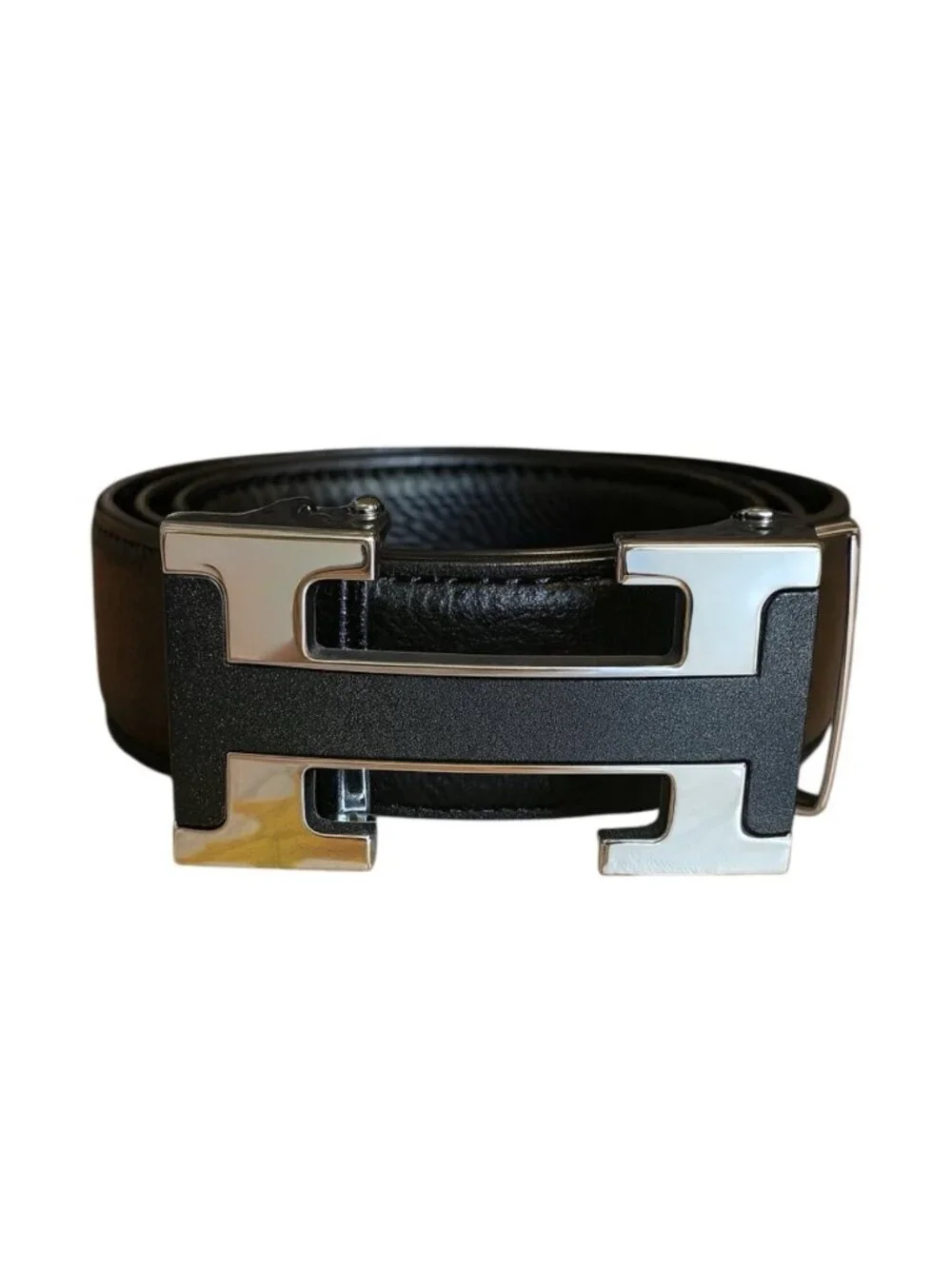 Elegant Men Fashion Belt PU Leather Brass Silver Buckle Black Size 48